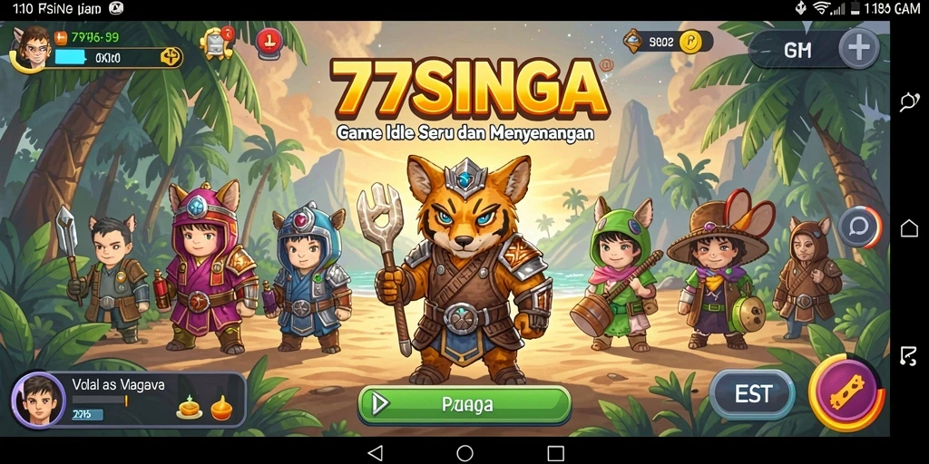 Tampilan permainan 77SINGA dengan karakter dan pengelolaan sumber daya.