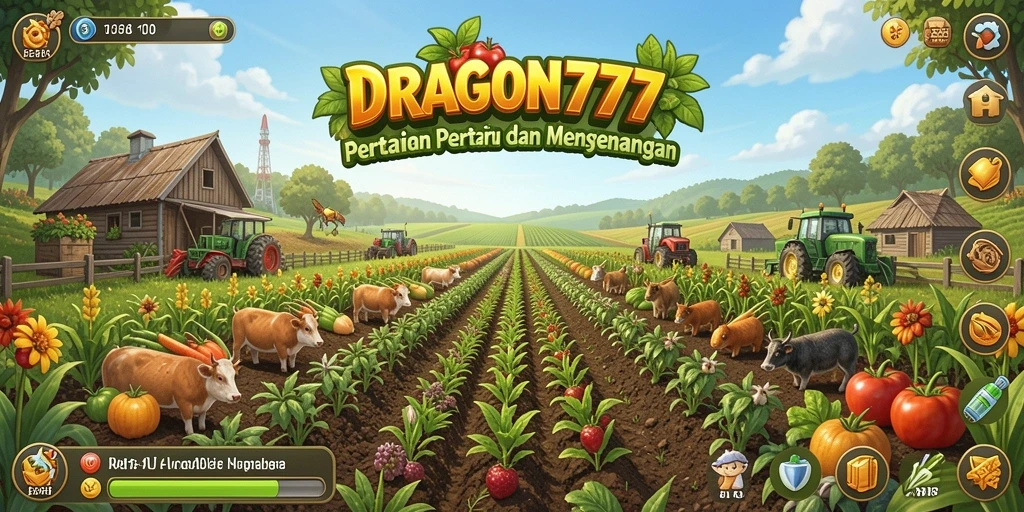 Tampilan gameplay seru di DRAGON777 dengan pertanian yang aktif dan hewan ternak.