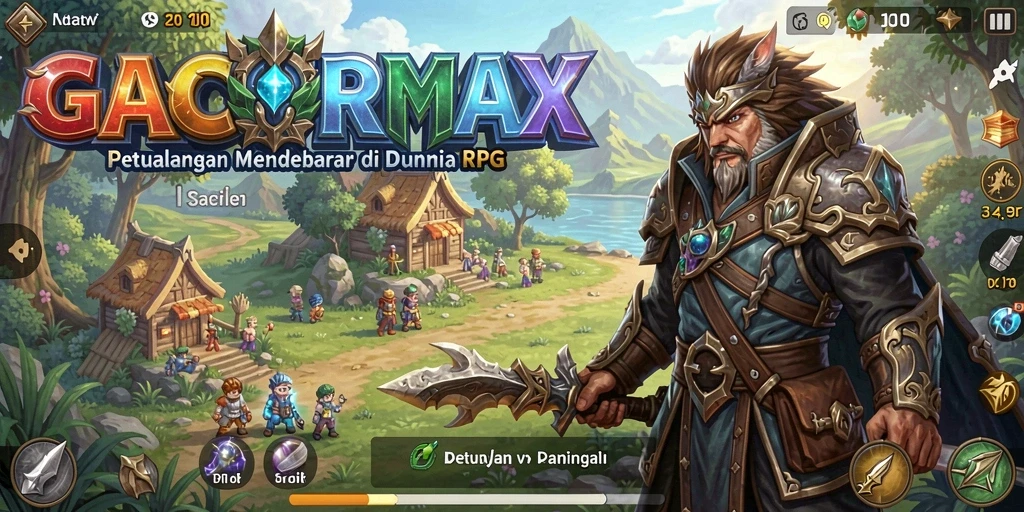 Screenshot utama GACORMAX menampilkan pertempuran seru dalam dunia RPG.