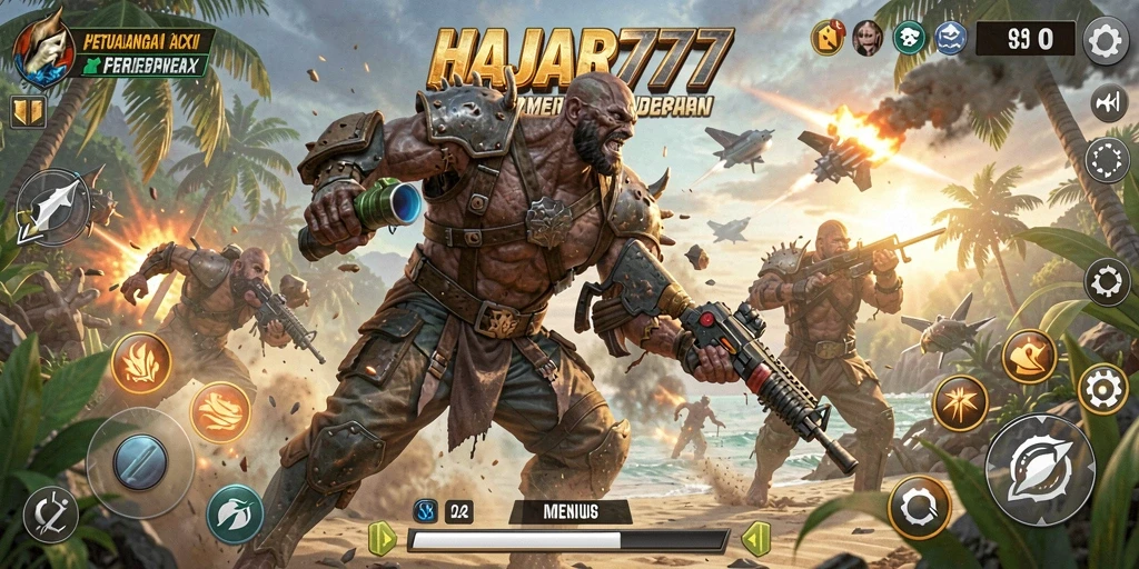 Screenshot utama dari gameplay HAJAR777 menunjukkan pertarungan intens.