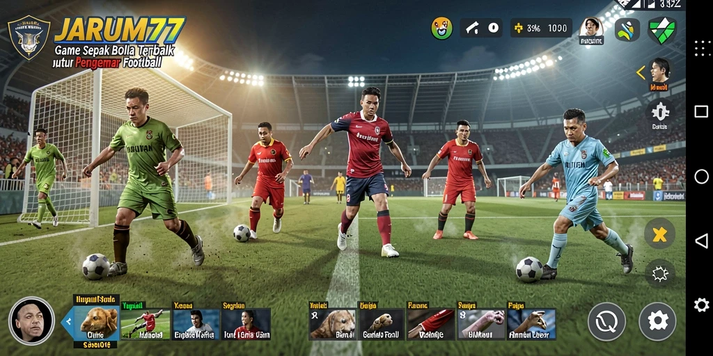 Screenshot gameplay JARUM77 menunjukkan aksi seru di lapangan sepak bola.