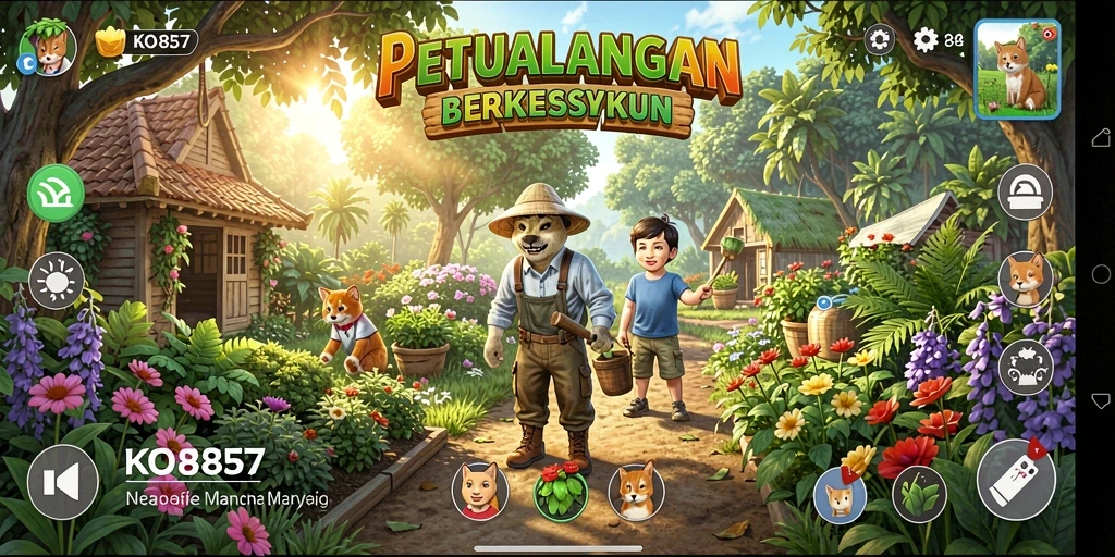 Tampilan gameplay KO857 yang menampilkan kebun yang rimbun dan hewan-hewan lucu.