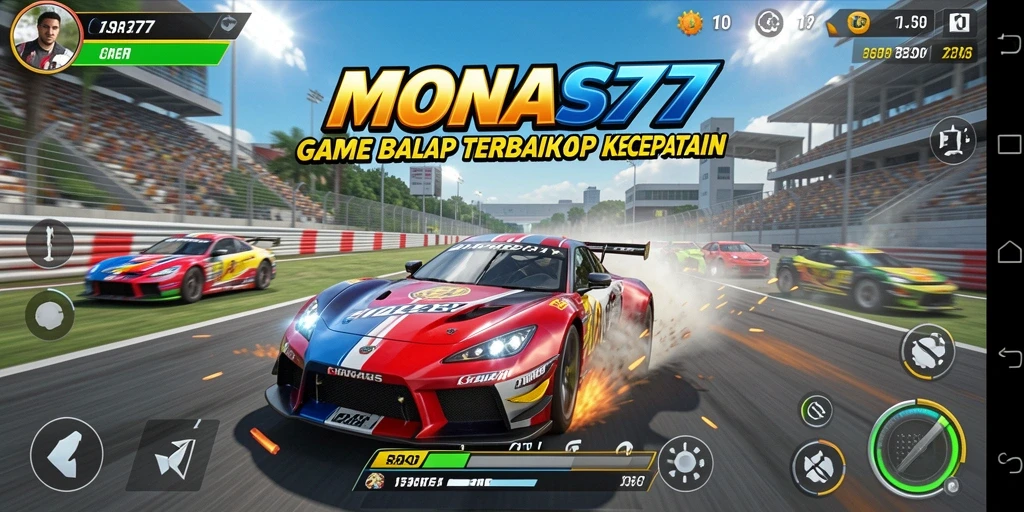 Tangkapan layar game MONAS77 menampilkan aksi balapan seru dengan mobil kencang.