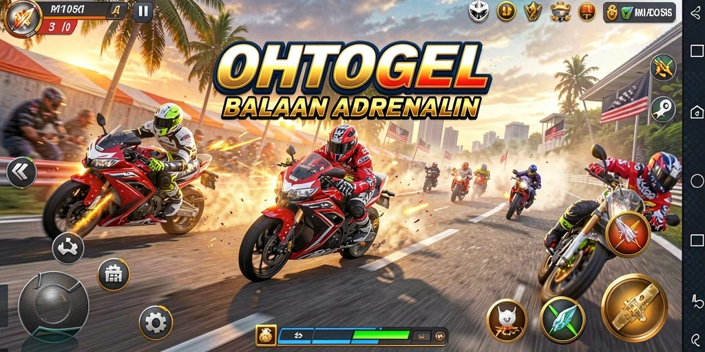 Screenshot gameplay OHTOGEL menampilkan aksi balapan motor yang seru.