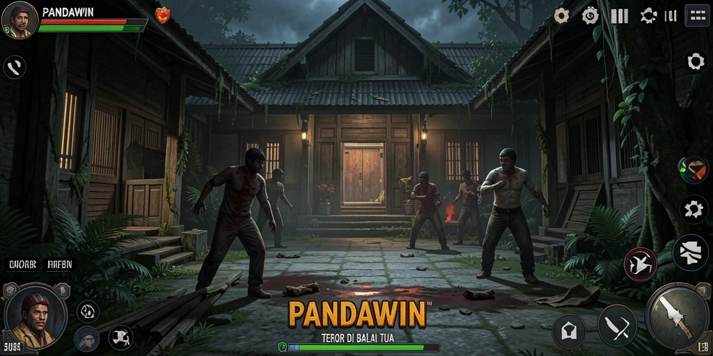 Screenshot gameplay menampilkan suasana menyeramkan di dalam balai tua.