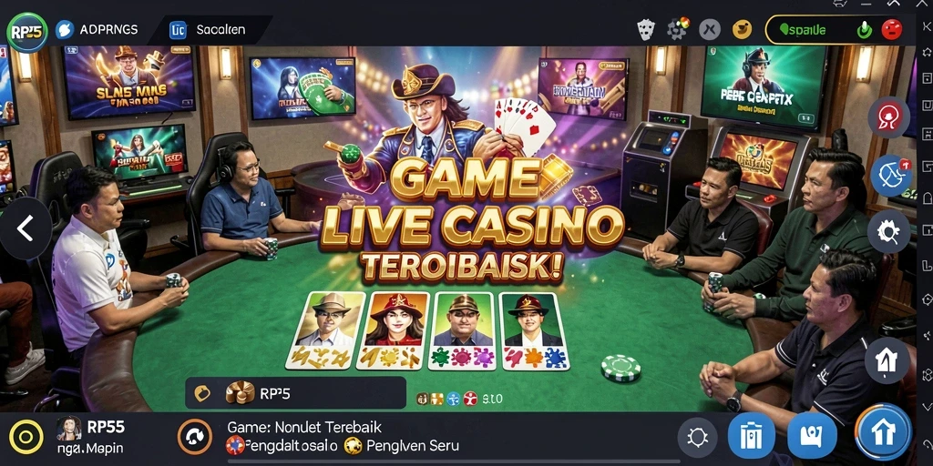 Screenshot gameplay Live Casino RP55 dengan dealer profesional dan pemain aktif.