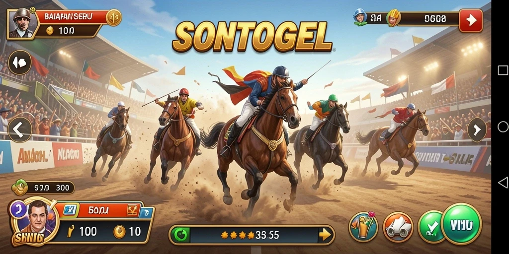 Screenshot utama permainan SONTOGEL yang menunjukkan aksi balapan yang mendebarkan.