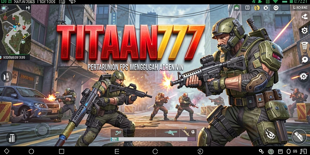 Screenshot utama TITAN777 menampilkan aksi pertempuran FPS yang mendebarkan.