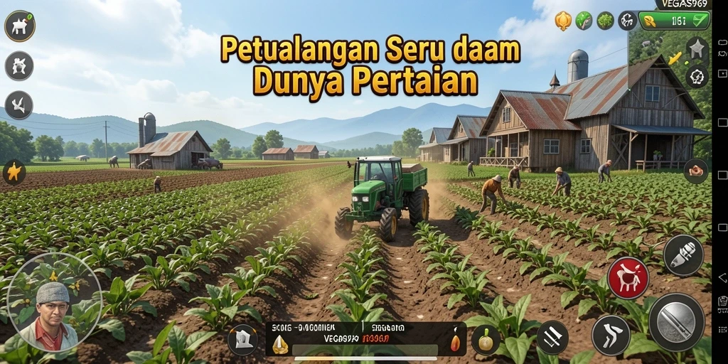 Screenshot gameplay <strong>VEGAS969</strong> dengan pemandangan sawah yang subur dan hewan ternak.
