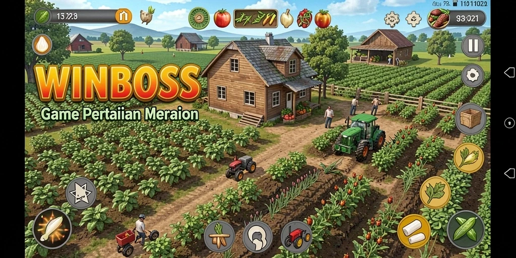Tangkapan layar dari gameplay WINBOSS yang memperlihatkan aktivitas pertanian menakjubkan.